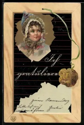 Lithographie Mädchenportrait auf Schreibtafel mit Schwamm, Gratulation zum ersten Schulgang