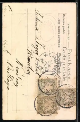 Lithographie Mädchenportrait auf Schreibtafel mit Schwamm, Gratulation zum ersten Schulgang