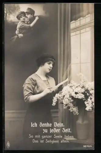 Foto-AK Dame liest den Brief ihres Geliebten, Ich denke Dein zu jeder Zeit