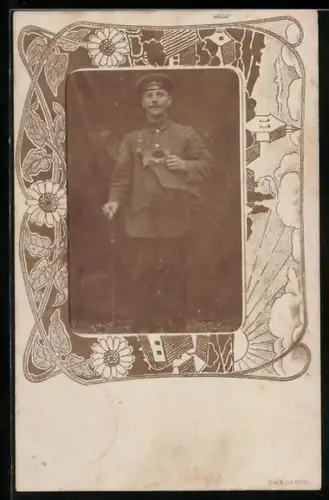 Foto-AK Postbote mit Brieftasche im idyllischem Passepartout