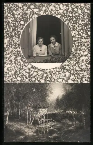 Foto-AK Zwei Frauen im Fenster eines Hauses in rundem Passepartout