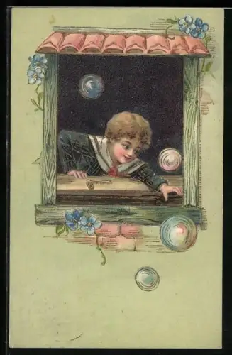 Präge-AK Kleines Kind mit Seifenblasen