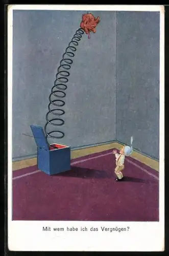 Künstler-AK Kleiner Junge wird von einem Springteufel erschreckt