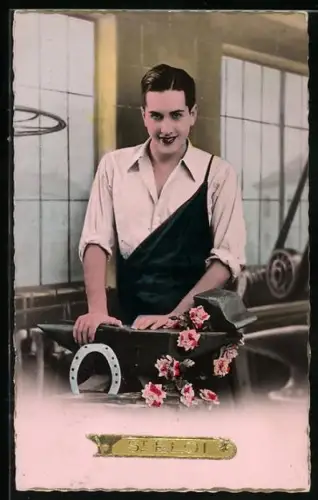 AK Schmied am Amboss mit Rosen und einem Hufeisen