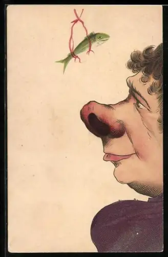 Lithographie Frau mit grosser Nase blickt zu einem Fisch