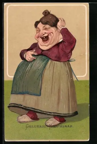 Künstler-AK Kräftige Frau lacht, frauenfeindlicher Humor