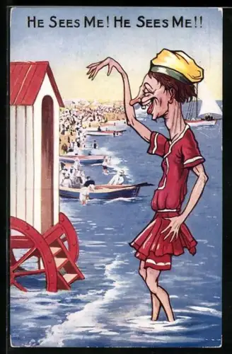 Künstler-AK Frau steht im Badeanzug am Strand und winkt, He sees me! He sees me!
