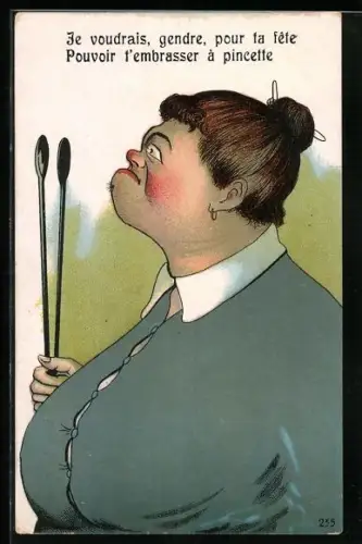 Künstler-AK Strenge Frau mit Kochlöffel in der Hand