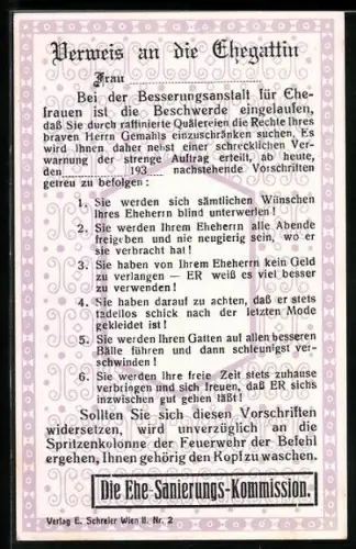 AK Verweis an die Ehegattin, Regeln für die Ehegattin von der Ehe-Sanierungs-Kommission