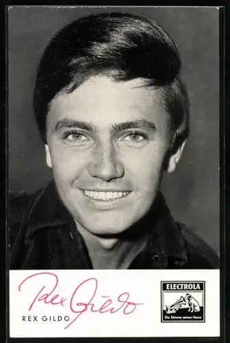 AK Musiker Rex Gildo in die Kamera schauend, Autograph