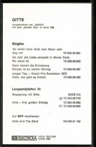 AK Musikerin Gitte in weisser Bluse, Autograph