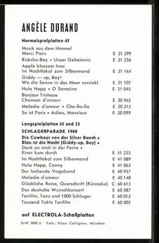 AK Musikerin Angèle Durand in die Kamera blickend, Autograph