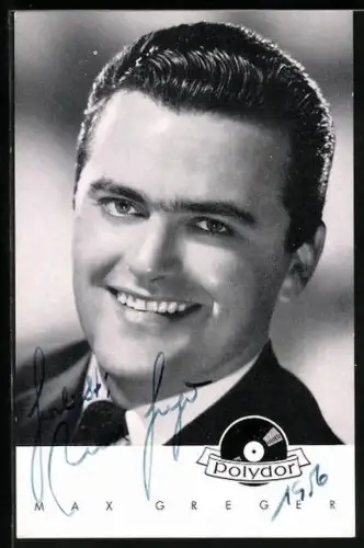 AK Musiker Max Greger lächelnd im Porträt, Autograph