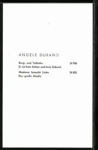 AK Musikerin Angèle Durand lächelnd im Porträt, Autograph