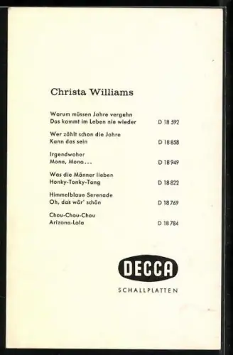 AK Musikerin Christa Williams im Pelzmantel, Autograph