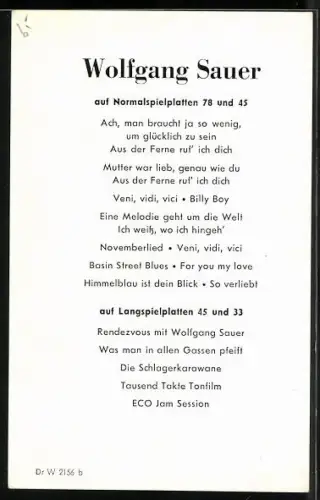 AK Musiker Wolfgang Sauer lächelnd im Porträt, Autograph