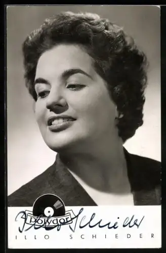 AK Musikerin Illo Schieder lächelnd zur Seite blickend, Autograph