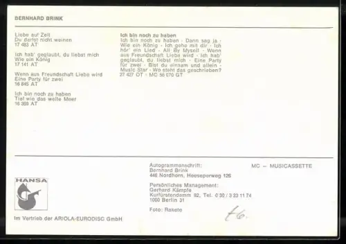 AK Musiker Bernhard Brink mit Pullover und Hemd, Autograph