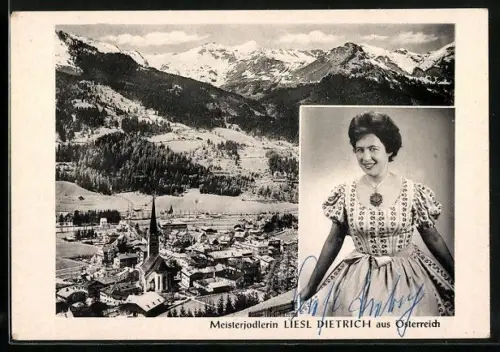 AK Musikerin Liesl Dietrich in traditionellem Kleid, Autograph