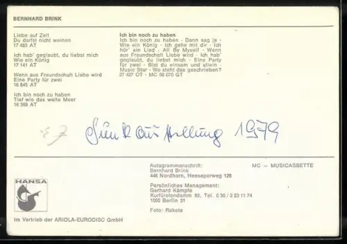 AK Musiker Bernhard Brink mit Pullover und Hemd, Autograph