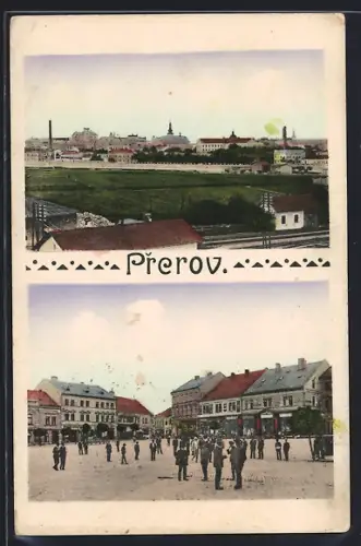 AK Prerov, Ortsansicht mit Gleisanlagen, Marktplatz