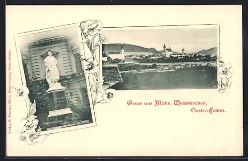 AK Mähr. Weisskirchen /Oestr. Schles., Ortsansicht mit Kirche, Standbild Kaiser Franz Josef I.