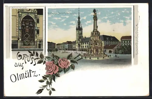 Lithographie Olmütz, Rathaus mit Dreifaltigkeitssäule, Astronomische Kunstuhr