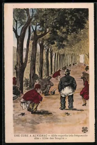 Künstler-AK Alvignac, Männer kacken im Wald, Toilettenhumor