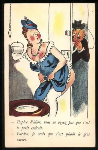 AK Mann bei Frau auf der Toilette in der Tür, Toilettenhumor