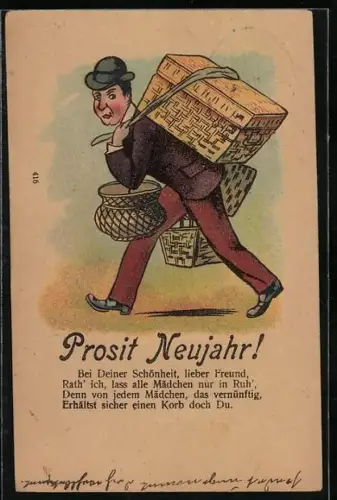 AK Mann mit Korb auf dem Rücken, Neujahrsgruss, Erotik, früher Druck
