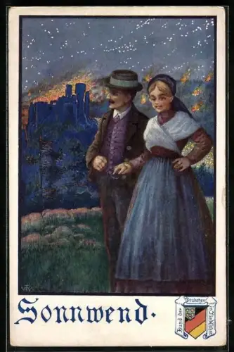 AK Sonnenwendfeuer, Burgruine, Bund der Deutschen in Nieder-Österreich, Spaziergänger