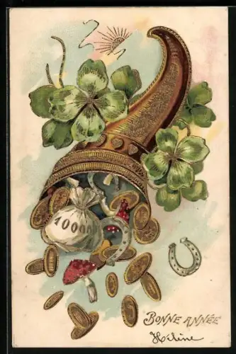 Präge-AK Geldmünzen im Horn mit Kleeblättern, Neujahrsgruss