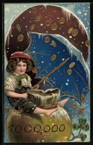 Präge-AK Junge mit Schirm sitzt auf Geldsack, Neujahrsgruss