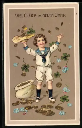 Präge-AK Junge im Matrosenanzug im Geldregen, Neujahrsgruss