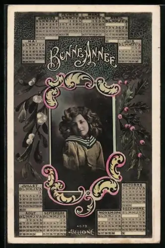 AK Frauenportrait mit Kalender, Neujahrsgruss, Passepartout