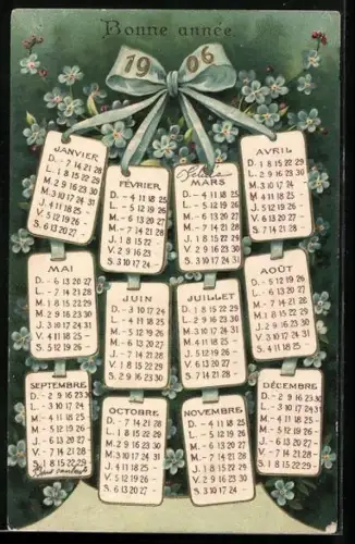 AK Kalender mit Vergissmeinnicht, Neujahrsgruss 1906