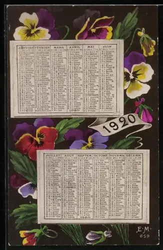 AK Kalender mit Stiefmütterchen, 1920