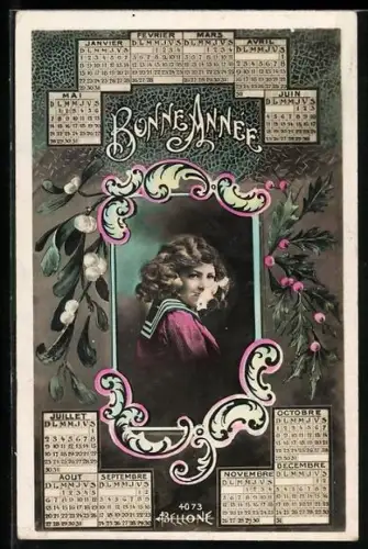 AK Frauenportrait mit Kalender, Neujahrsgruss, Passepartout