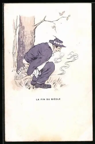 Künstler-AK La Fin du Siècle, Mann wischt sich mit Zeitung den Hintern ab