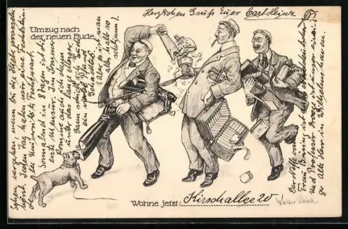 AK Studenten beim Umzug mit verschiedenem Hausrat, studentische Szene