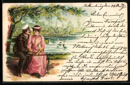 Lithographie Student mit Angebeteter an einem Schwanenteich, studentische Szene