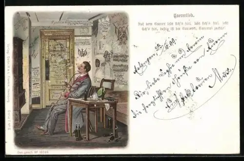 Lithographie Student im Carcer beim Rauchen, studentische Szene