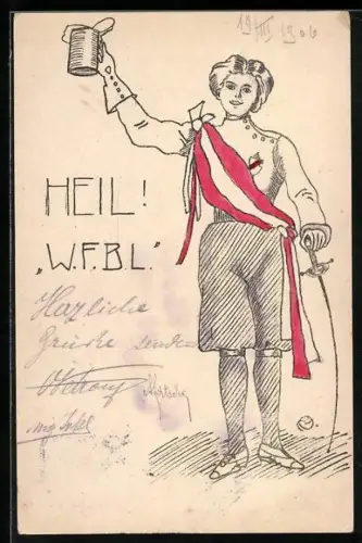 AK Studentin mit Schärpe, Schläger und Bierkrug, studentische Szene