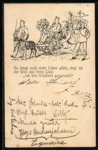 AK Student wird auf einer von Esel gezogenen Kutsche transportiert, studentische Szene