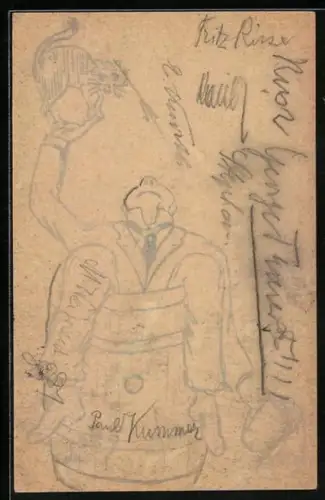 AK Student mit Bierkrug in einer Tonne und Katze auf der Hand, studentische Szene