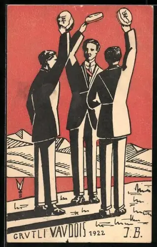 Künstler-AK Studenten beim Grüssen, Vaudois 1922