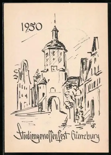 Künstler-AK Günzburg, Ortspartie mit Wohnhäusern und Stadtturm, Studiengenossenschaft Günzburg 1950