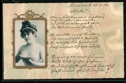 Foto-Collage-AK Dame mit Korsett in goldenem Rahmen