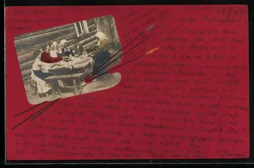 Foto-Collage-AK Dame in Trachten sitzen an einem Tisch, Malerpaletten-Passepartout