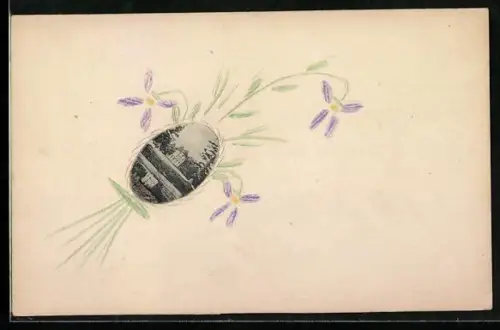 Foto-Collage-AK Blick zu einem Anwesen mit Blumenstrauss